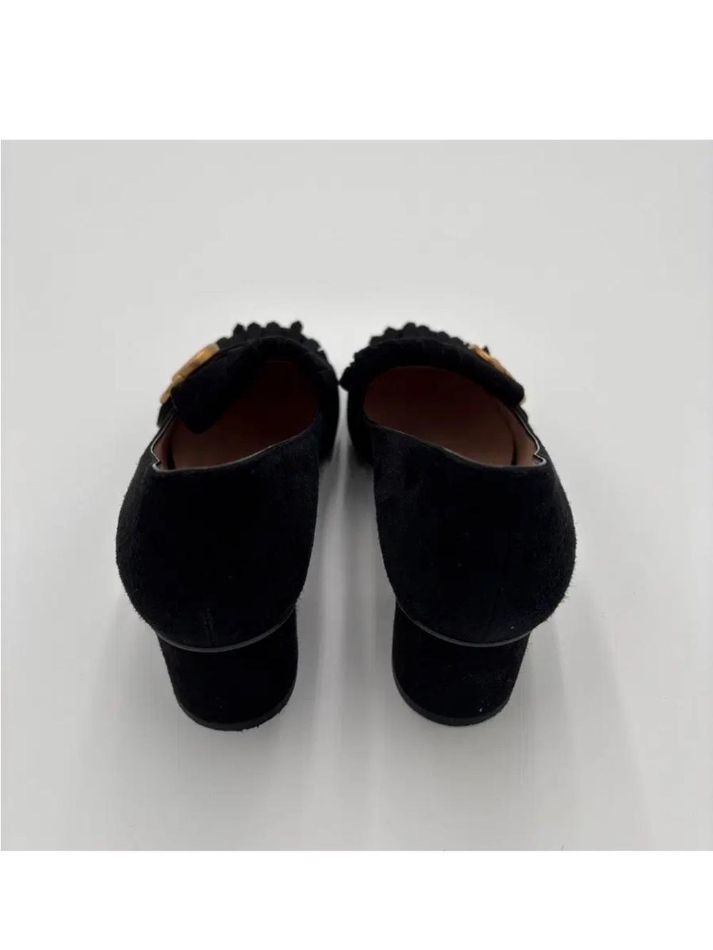 Gucci Black Suede Marmont Fringe Block Heel Loafers with Gold GG in Sz 38 1/2 - Picture 6 of 16